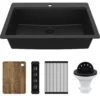 Karran 33" Drop In Quartz Composite Workstation Kitchen Sink, Black, QTWS-875-BL-PK2