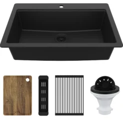 Karran 33" Drop In Quartz Composite Workstation Kitchen Sink, Black, QTWS-875-BL-PK2