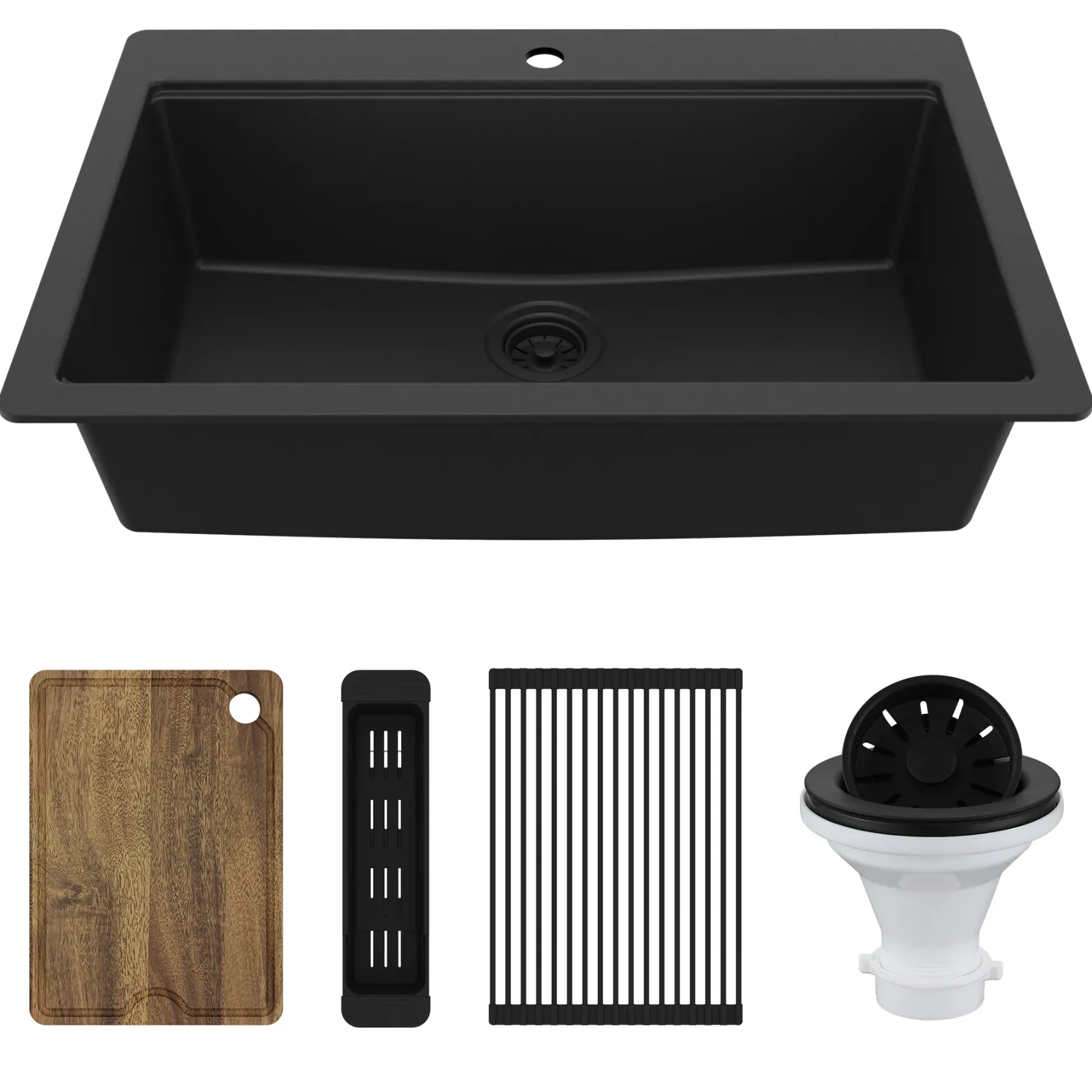 Karran 33" Drop In Quartz Composite Workstation Kitchen Sink, Black, QTWS-875-BL-PK2