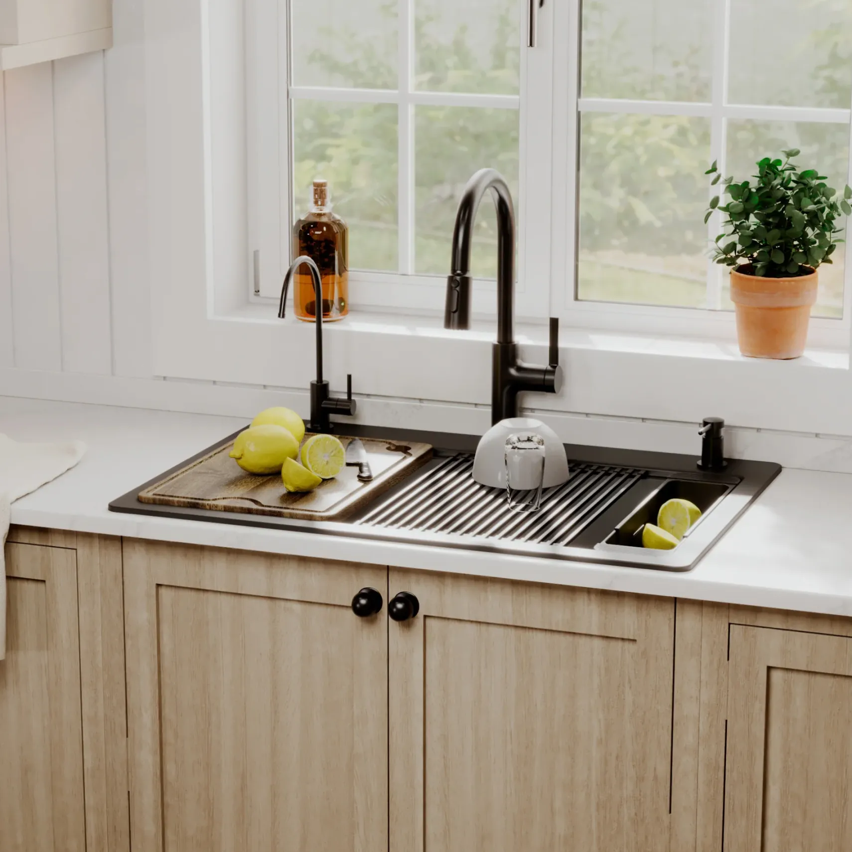 Karran 33" Drop In Quartz Composite Workstation Kitchen Sink, Black, QTWS-875-BL-PK2
