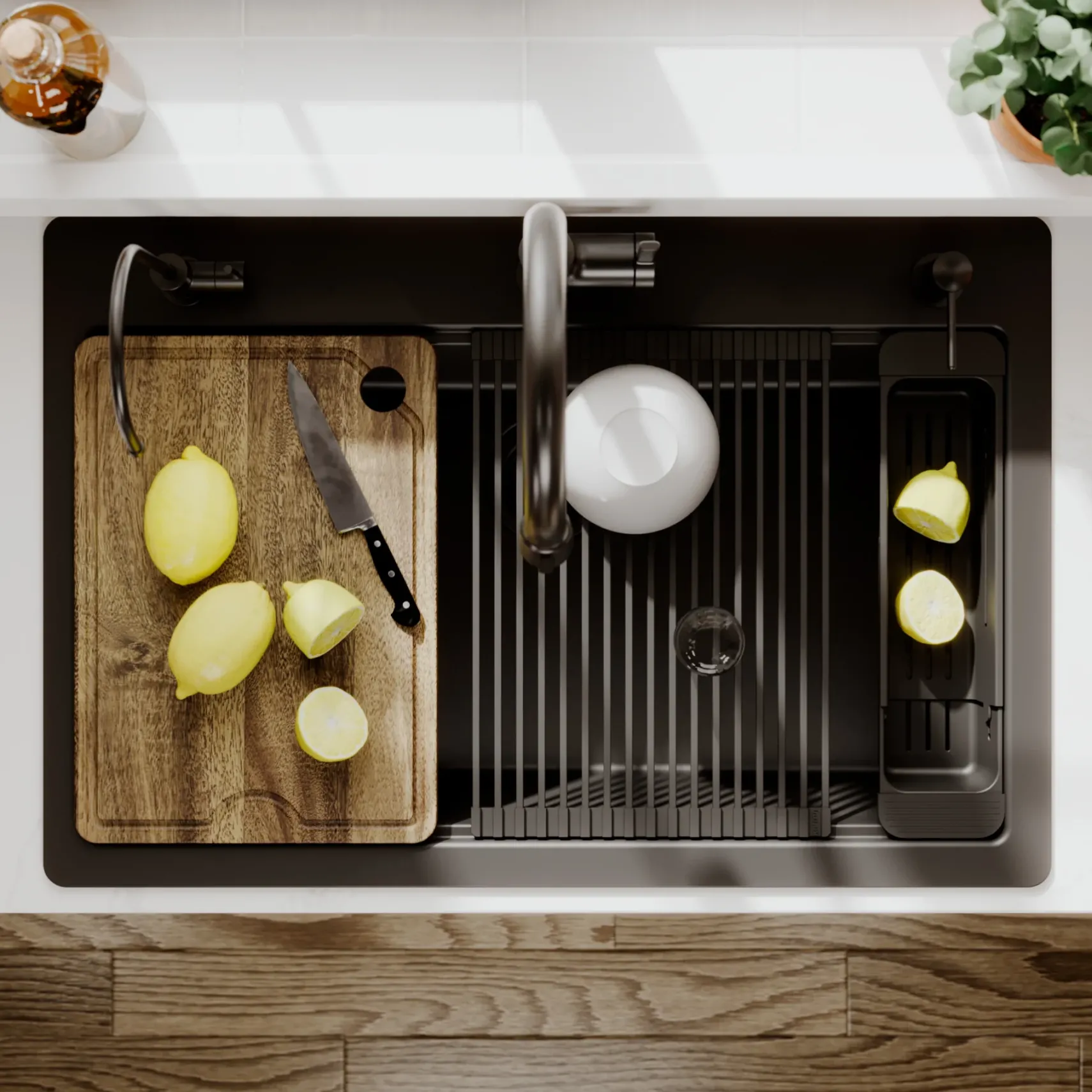 Karran 33" Drop In Quartz Composite Workstation Kitchen Sink, Black, QTWS-875-BL-PK2
