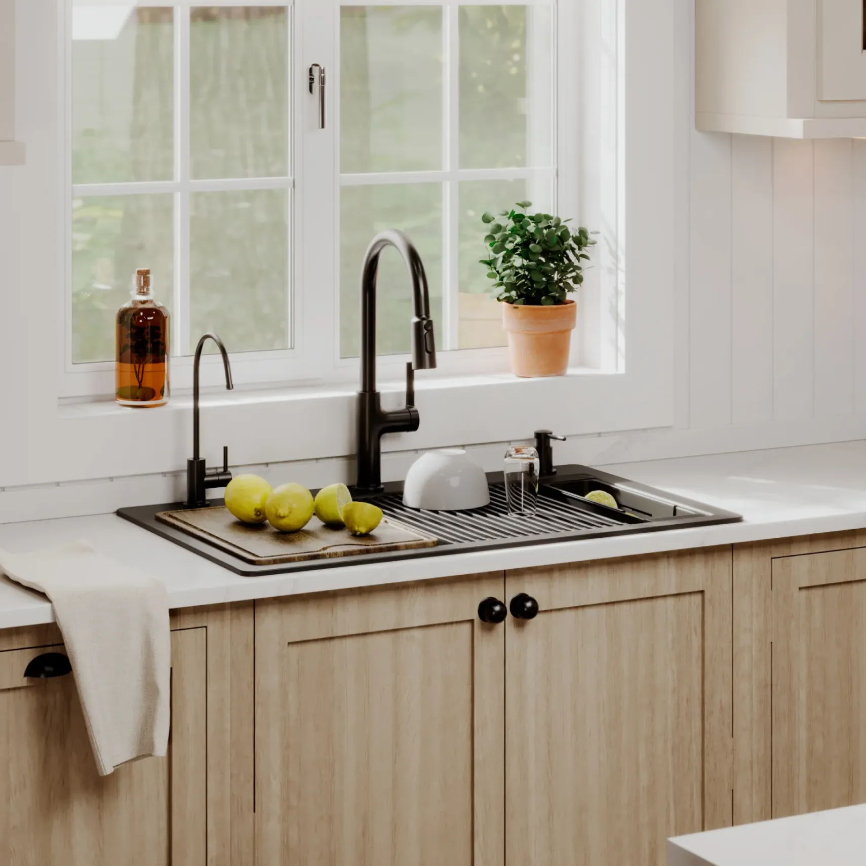 Karran 33" Drop In Quartz Composite Workstation Kitchen Sink, Black, QTWS-875-BL-PK2