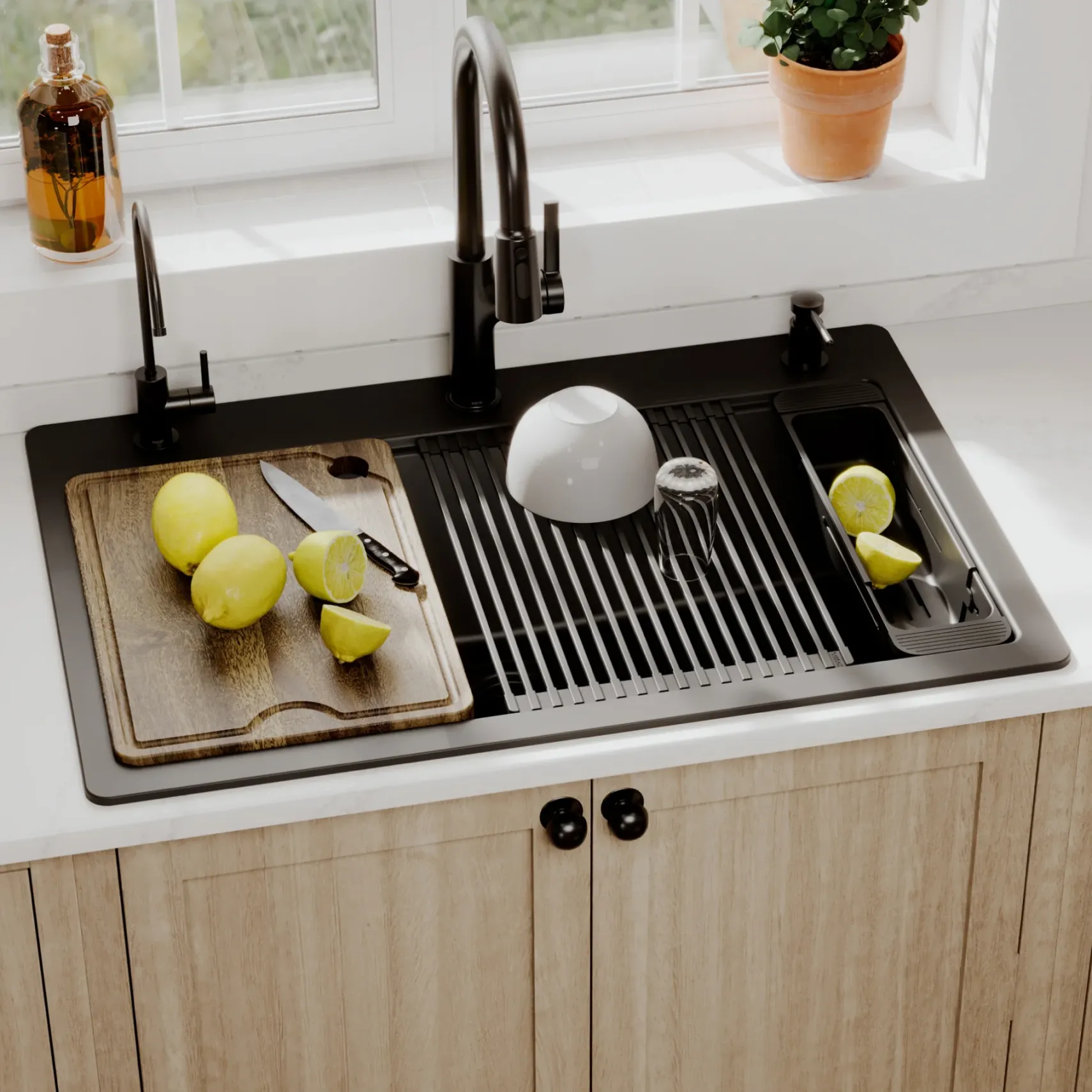 Karran 33" Drop In Quartz Composite Workstation Kitchen Sink, Black, QTWS-875-BL-PK2