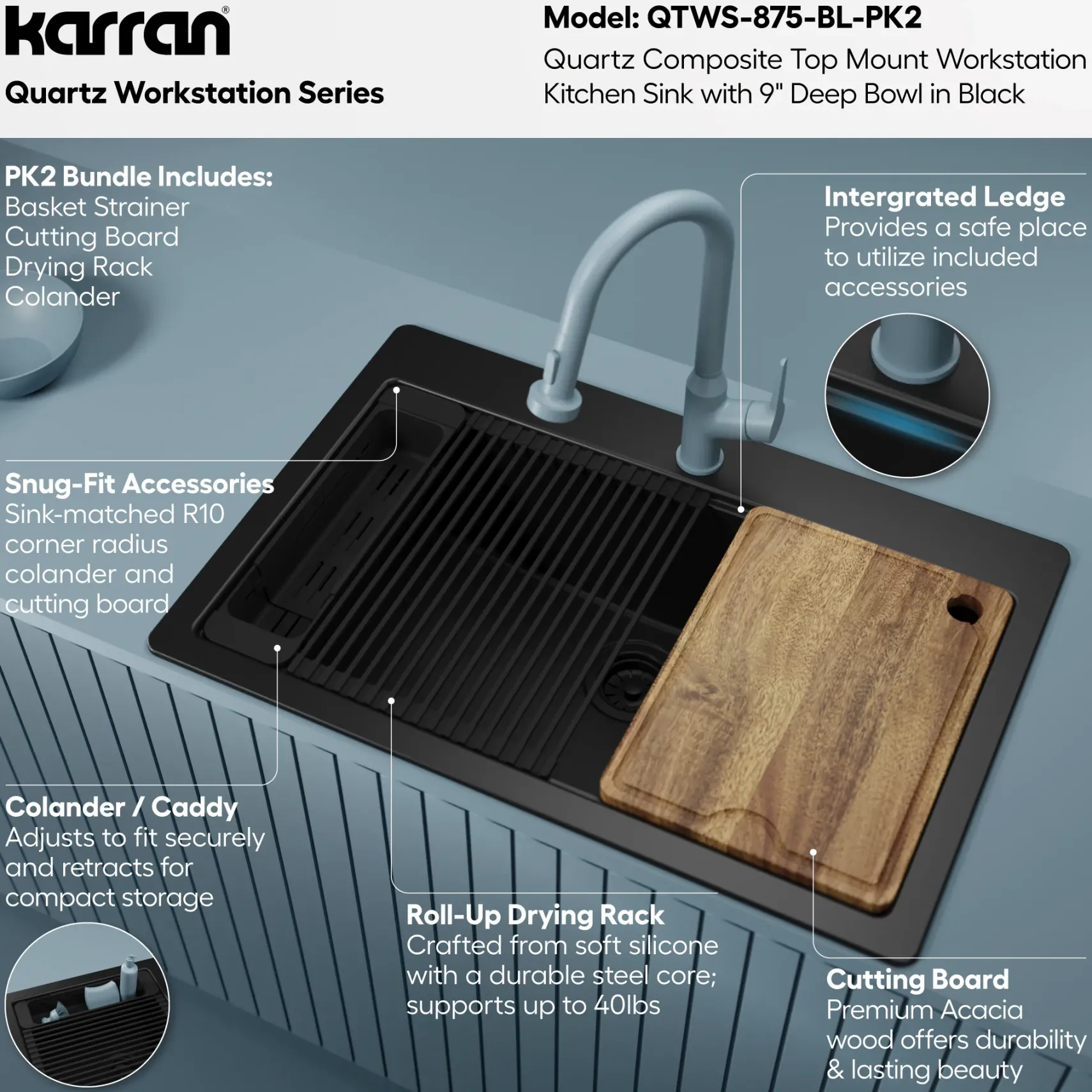 Karran 33" Drop In Quartz Composite Workstation Kitchen Sink, Black, QTWS-875-BL-PK2