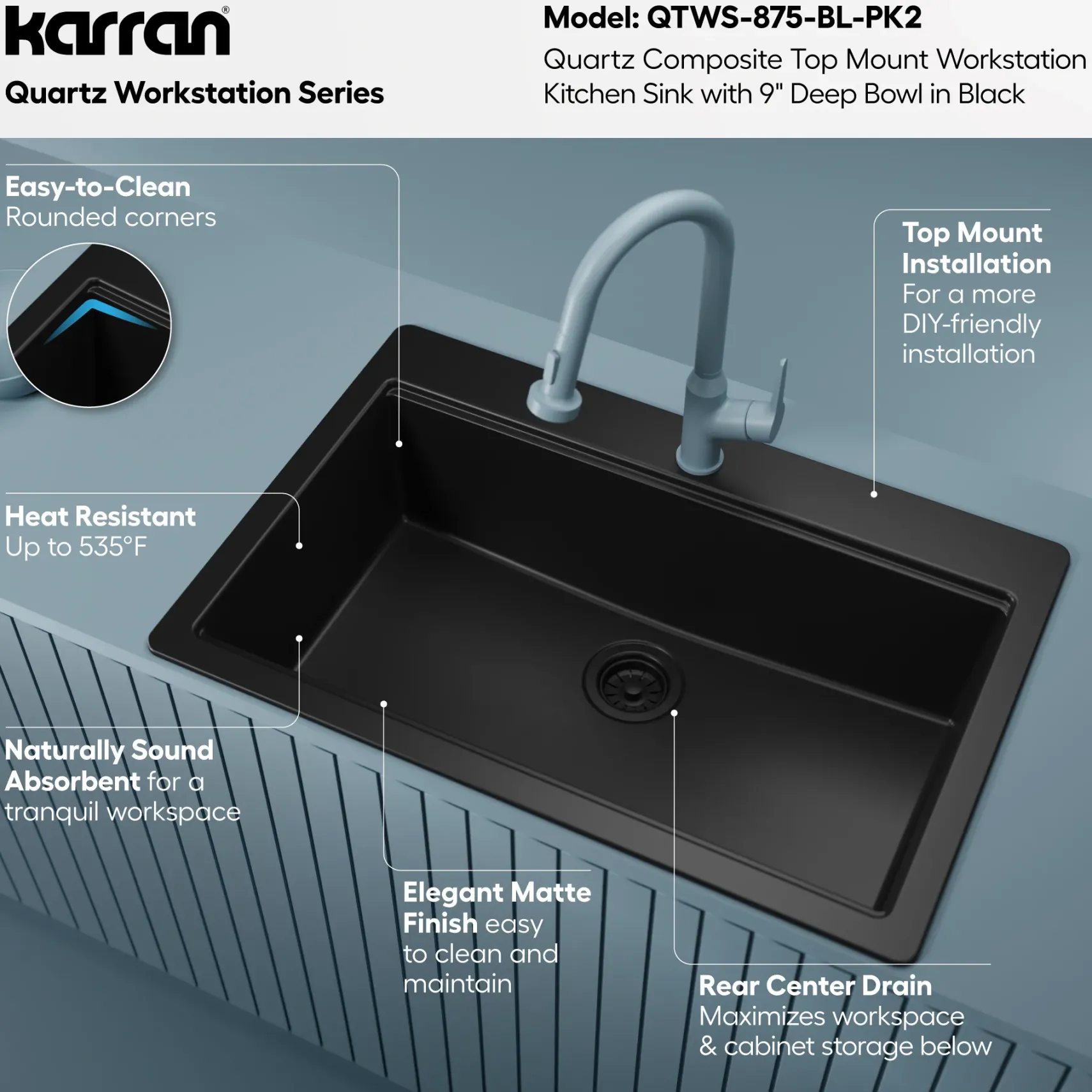 Karran 33" Drop In Quartz Composite Workstation Kitchen Sink, Black, QTWS-875-BL-PK2