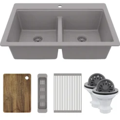 Karran 33" Drop In Quartz Composite Workstation Kitchen Sink, 50/50 Double Bowl, Grey, QTWS-880-GR-PK2
