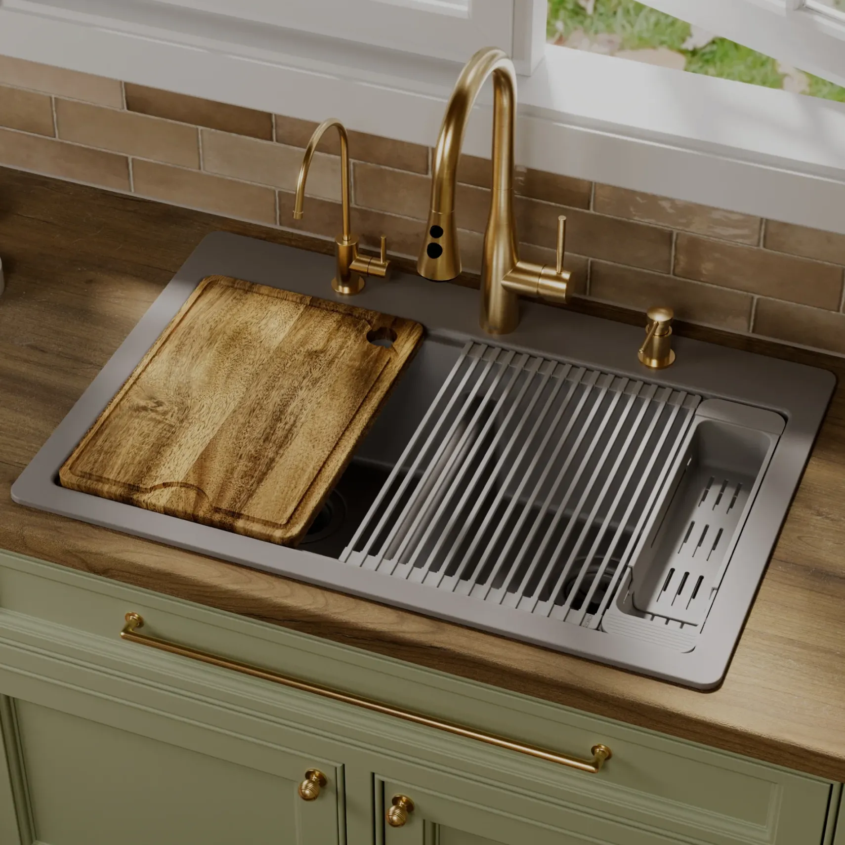 Karran 33" Drop In Quartz Composite Workstation Kitchen Sink, 50/50 Double Bowl, Grey, QTWS-880-GR-PK2