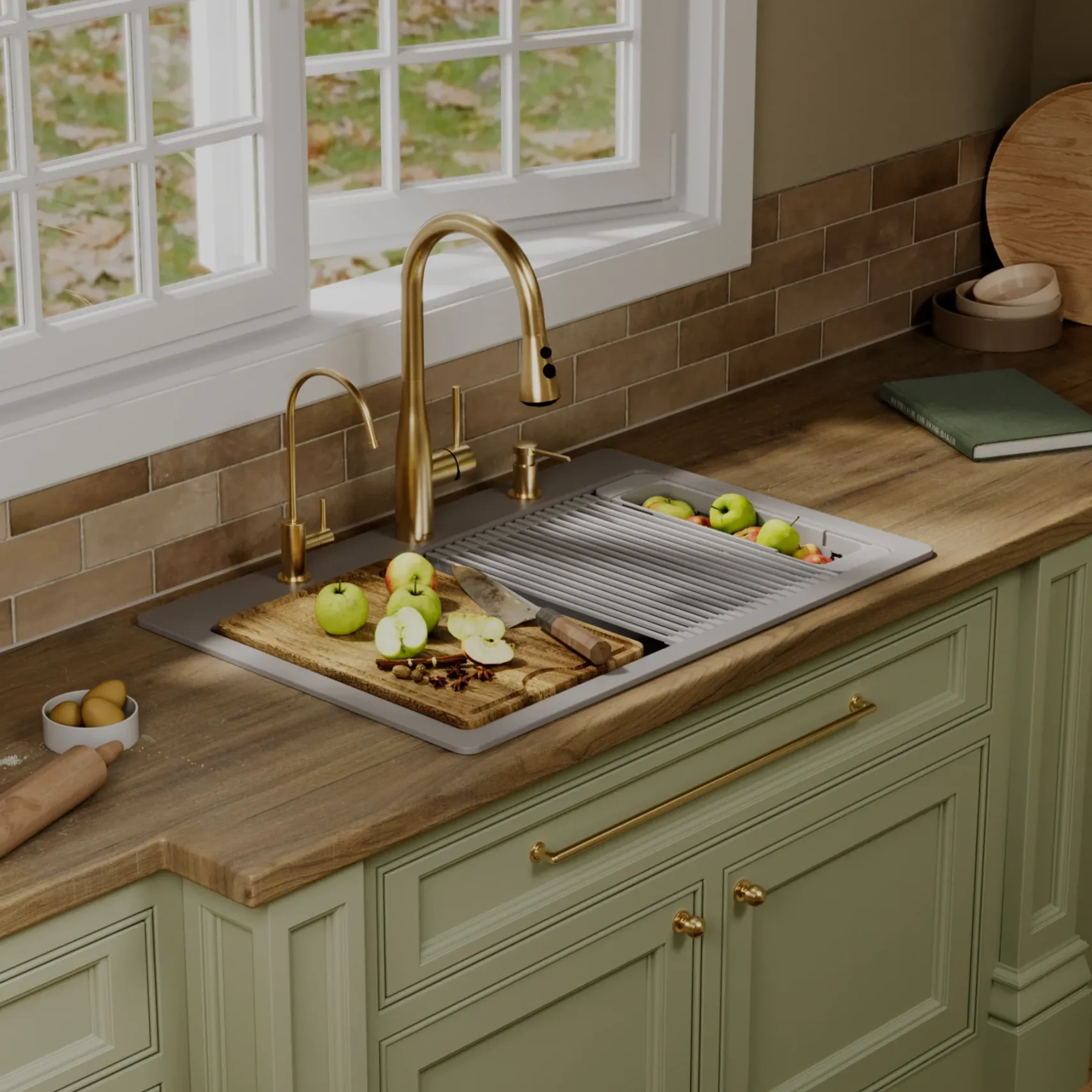Karran 33" Drop In Quartz Composite Workstation Kitchen Sink, 50/50 Double Bowl, Grey, QTWS-880-GR-PK2