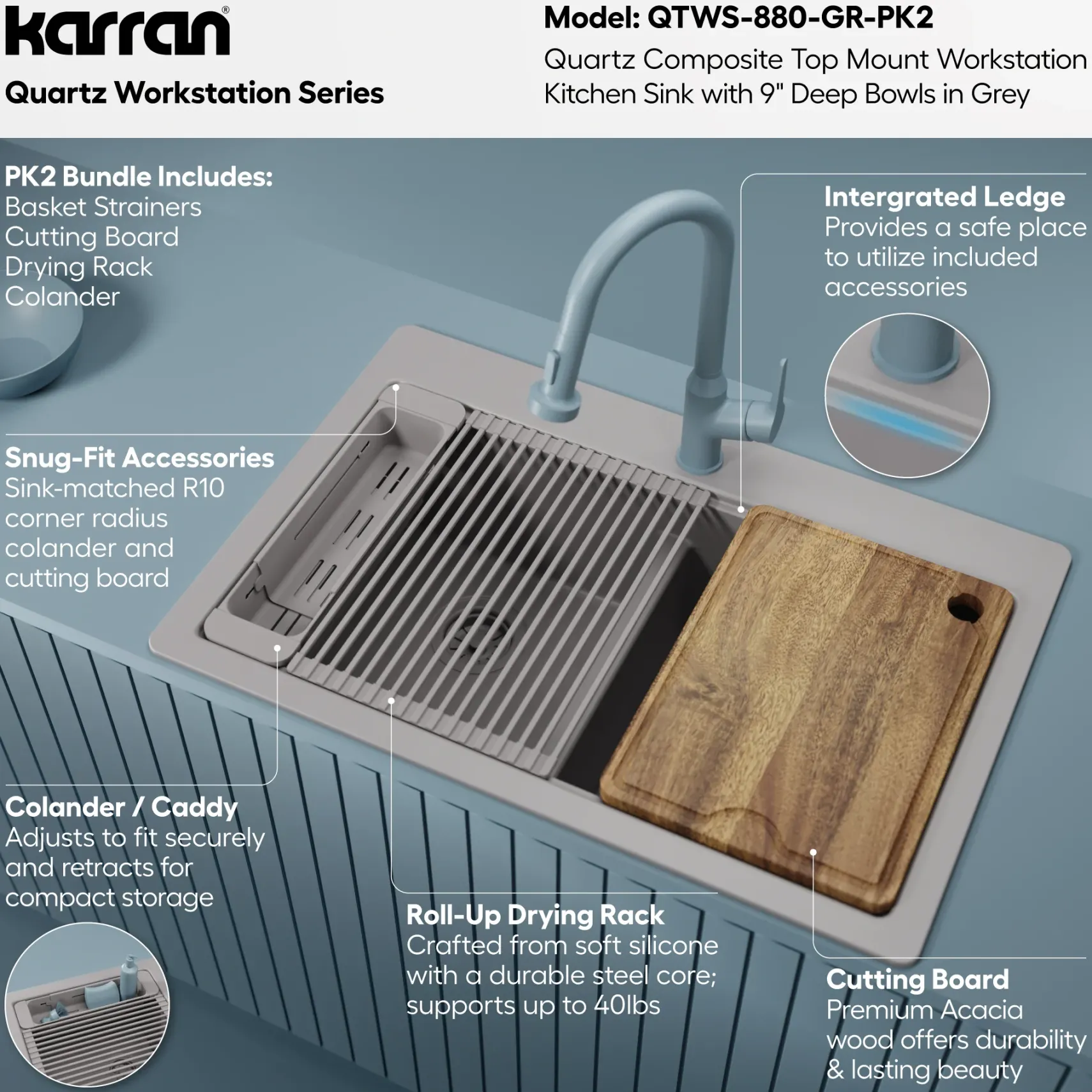 Karran 33" Drop In Quartz Composite Workstation Kitchen Sink, 50/50 Double Bowl, Grey, QTWS-880-GR-PK2