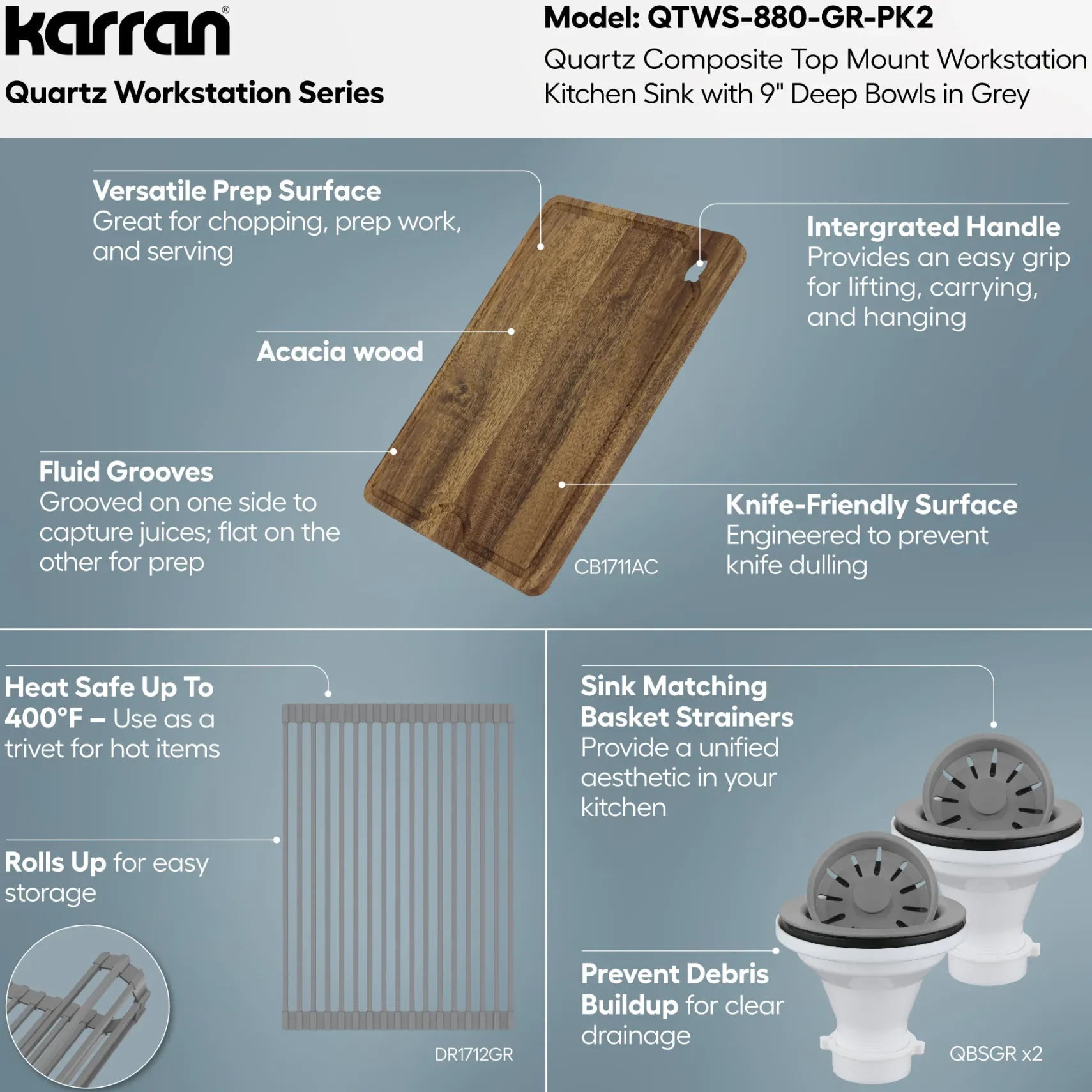 Karran 33" Drop In Quartz Composite Workstation Kitchen Sink, 50/50 Double Bowl, Grey, QTWS-880-GR-PK2