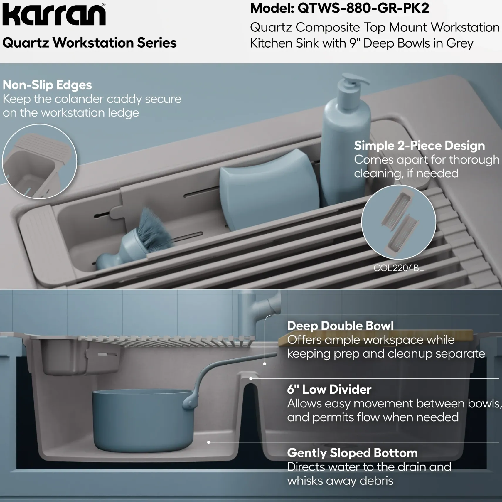 Karran 33" Drop In Quartz Composite Workstation Kitchen Sink, 50/50 Double Bowl, Grey, QTWS-880-GR-PK2