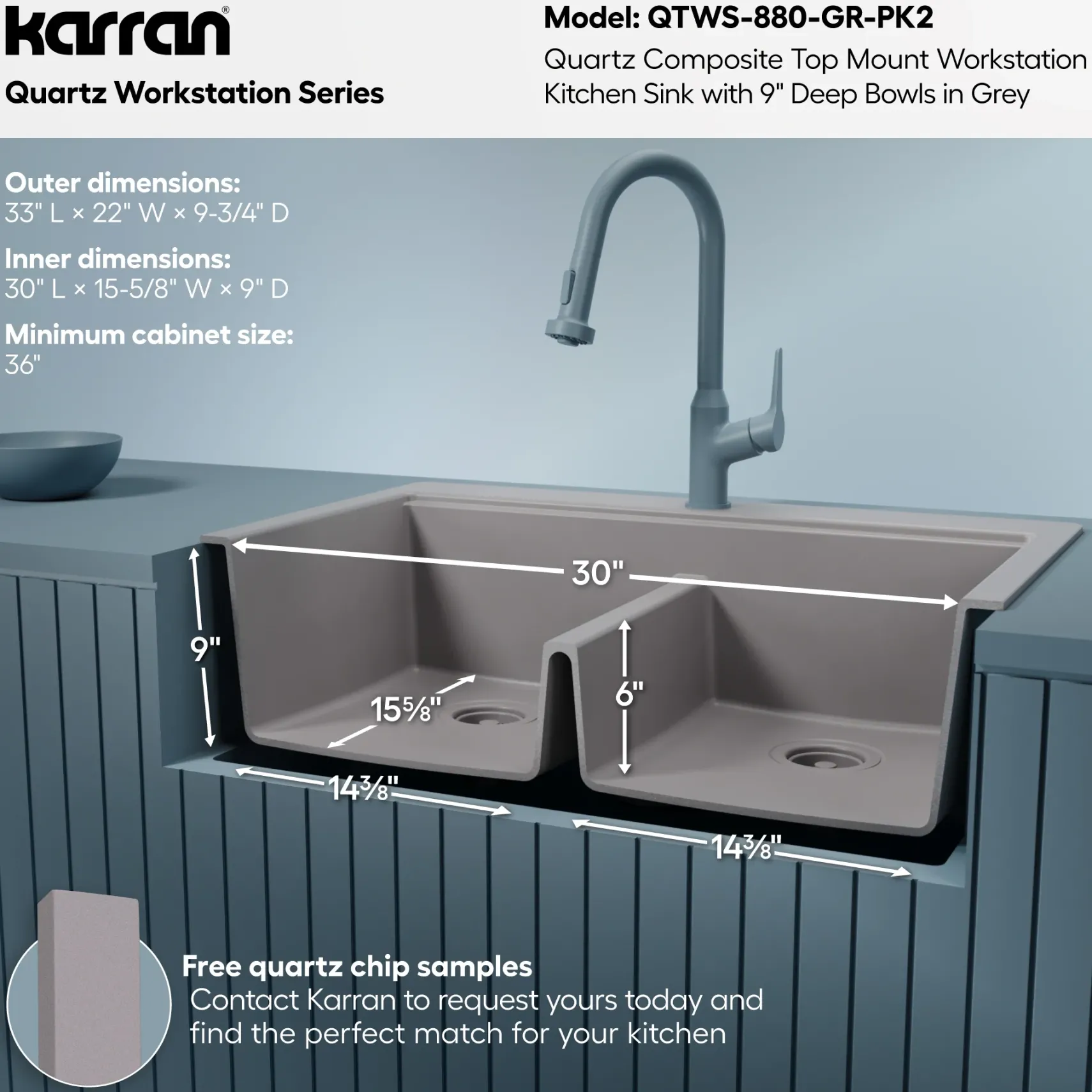 Karran 33" Drop In Quartz Composite Workstation Kitchen Sink, 50/50 Double Bowl, Grey, QTWS-880-GR-PK2