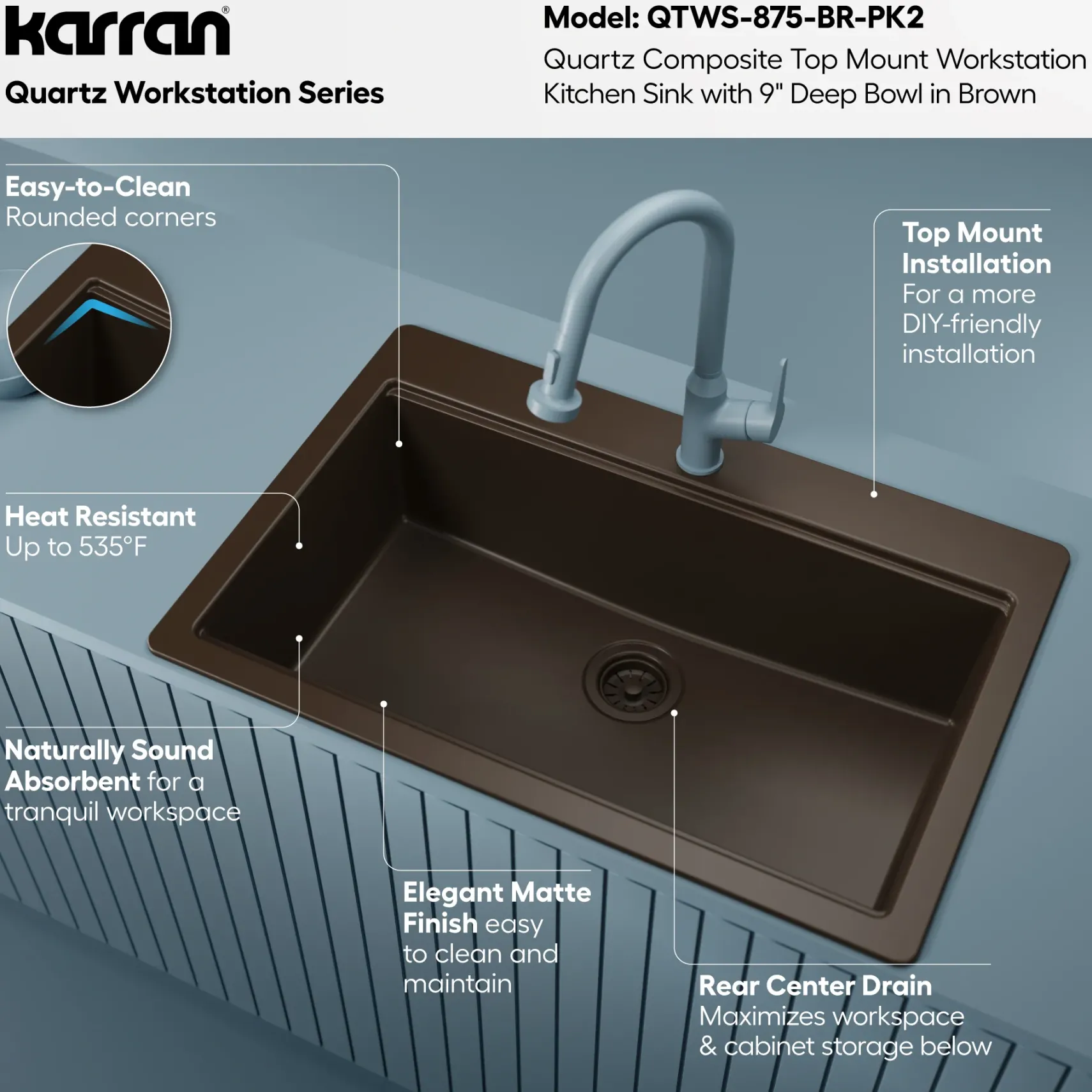 Karran 33" Drop In Quartz Composite Workstation Kitchen Sink, Brown, QTWS-875-BR-PK2