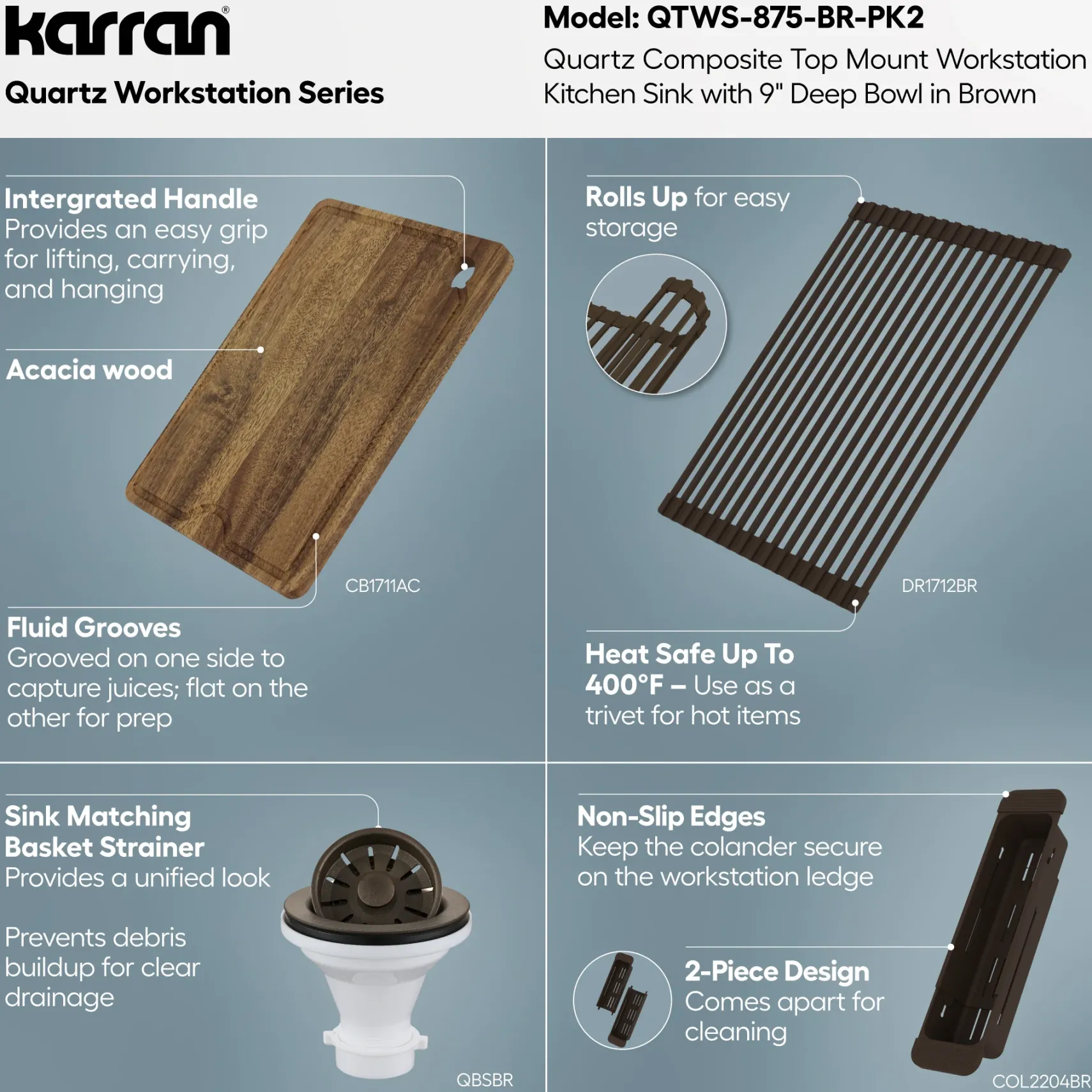 Karran 33" Drop In Quartz Composite Workstation Kitchen Sink, Brown, QTWS-875-BR-PK2