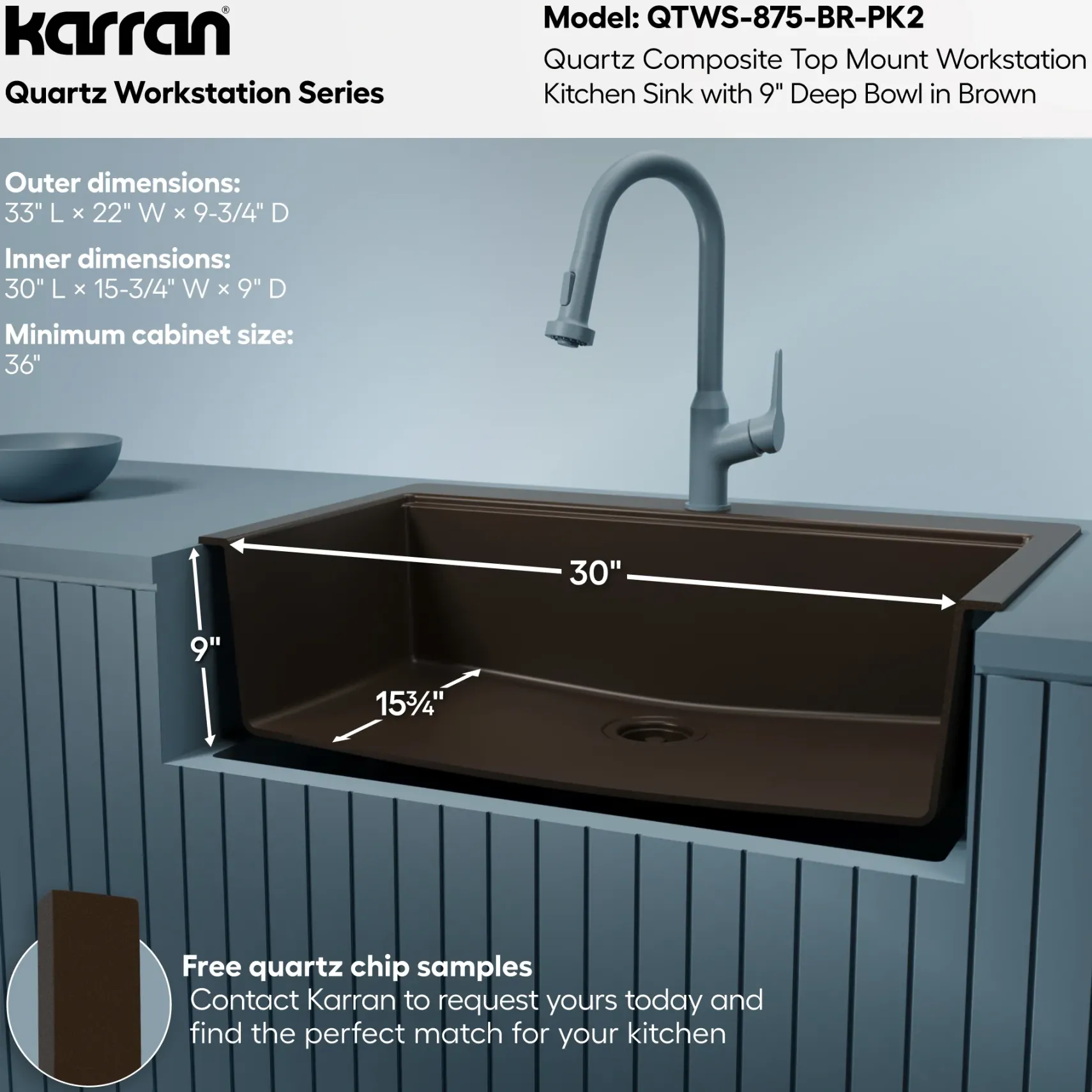 Karran 33" Drop In Quartz Composite Workstation Kitchen Sink, Brown, QTWS-875-BR-PK2