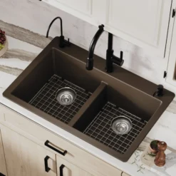 Karran 33" Drop In/Topmount Quartz Composite Kitchen Sink with Accessories, 50/50 Double Bowl, Brown, QT-810-BR-PK1