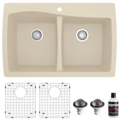 Karran 34" Drop In/Topmount Quartz Composite Kitchen Sink with Accessories, 50/50 Double Bowl, Bisque, QT-720-BI-PK1