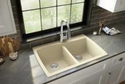 Karran 34" Drop In/Topmount Quartz Composite Kitchen Sink with Accessories, 50/50 Double Bowl, Bisque, QT-720-BI-PK1