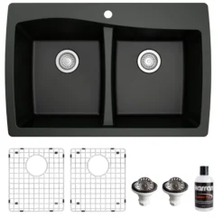 Karran 34" Drop In/Topmount Quartz Composite Kitchen Sink with Accessories, 50/50 Double Bowl, Black, QT-720-BL-PK1