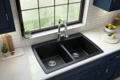 Karran 34" Drop In/Topmount Quartz Composite Kitchen Sink with Accessories, 50/50 Double Bowl, Black, QT-720-BL-PK1