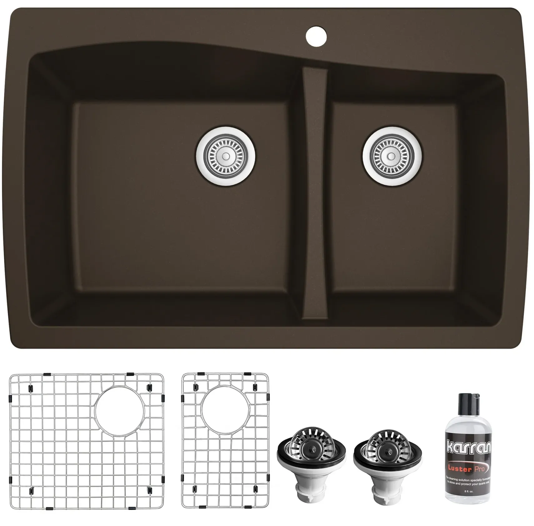 Karran 34" Drop In/Topmount Quartz Composite Kitchen Sink with Accessories, 60/40 Double Bowl, Brown, QT-721-BR-PK1