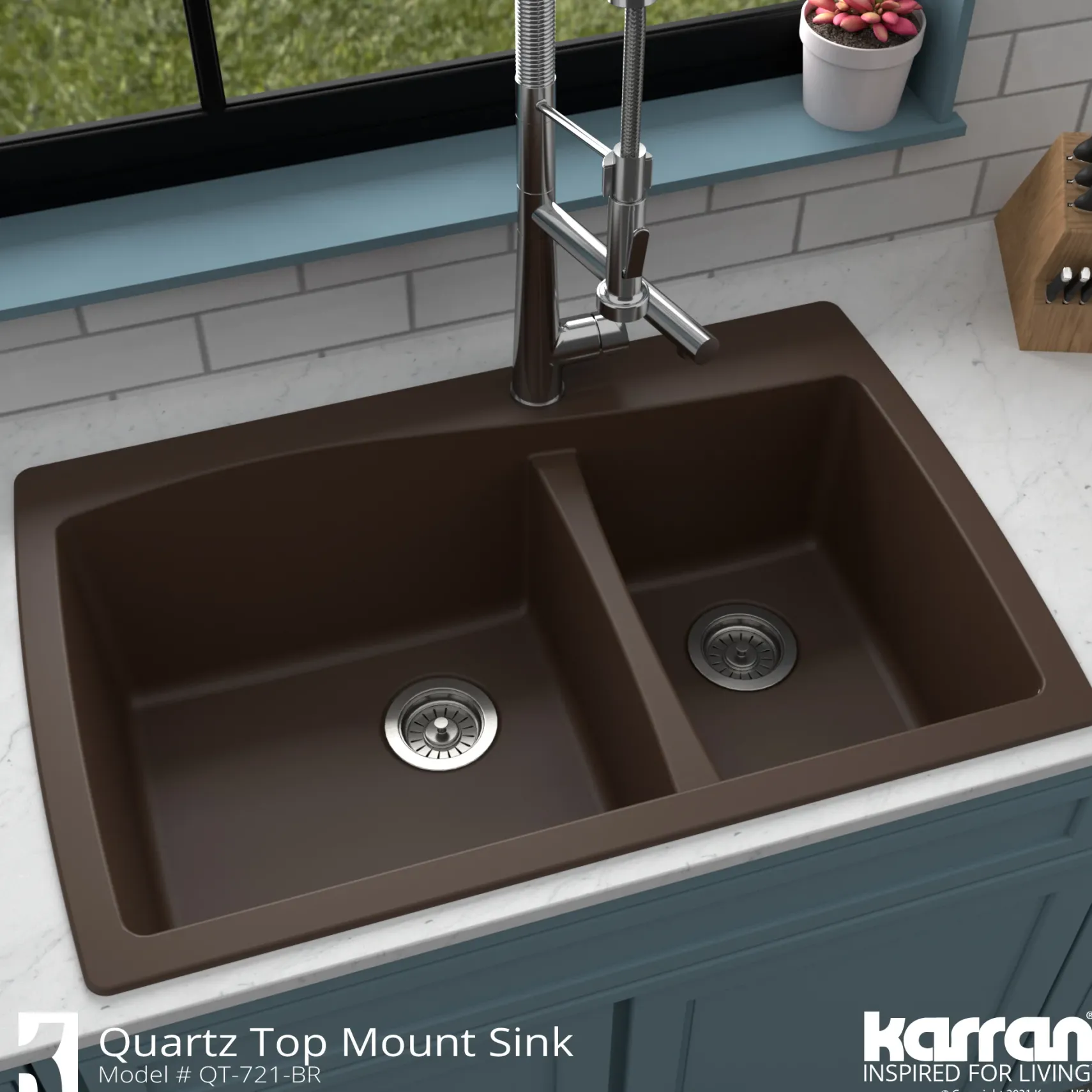Karran 34" Drop In/Topmount Quartz Composite Kitchen Sink with Accessories, 60/40 Double Bowl, Brown, QT-721-BR-PK1