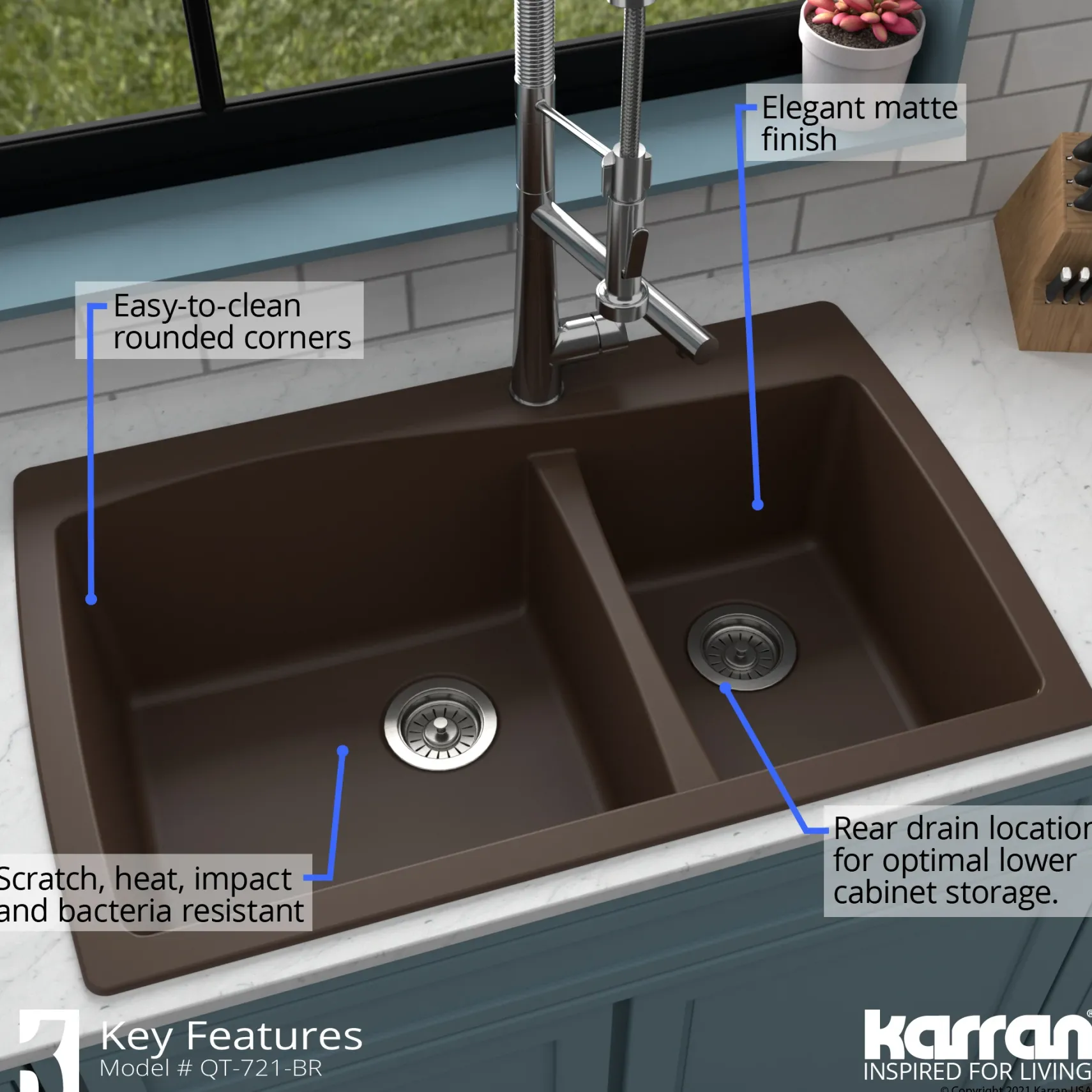 Karran 34" Drop In/Topmount Quartz Composite Kitchen Sink with Accessories, 60/40 Double Bowl, Brown, QT-721-BR-PK1