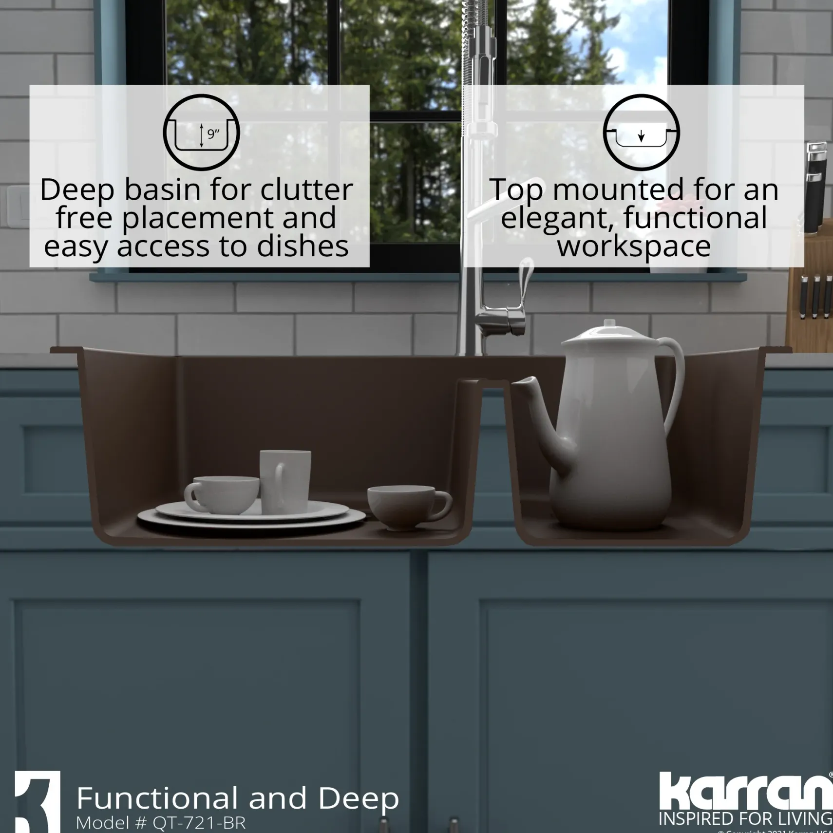 Karran 34" Drop In/Topmount Quartz Composite Kitchen Sink with Accessories, 60/40 Double Bowl, Brown, QT-721-BR-PK1