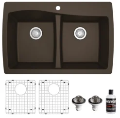 Karran 34" Drop In/Topmount Quartz Composite Kitchen Sink with Accessories, 50/50 Double Bowl, Brown, QT-720-BR-PK1