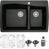 Karran 34" Drop In/Topmount Quartz Composite Kitchen Sink with Accessories, 60/40 Double Bowl, Black, QT-721-BL-PK1