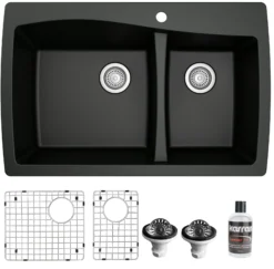 Karran 34" Drop In/Topmount Quartz Composite Kitchen Sink with Accessories, 60/40 Double Bowl, Black, QT-721-BL-PK1