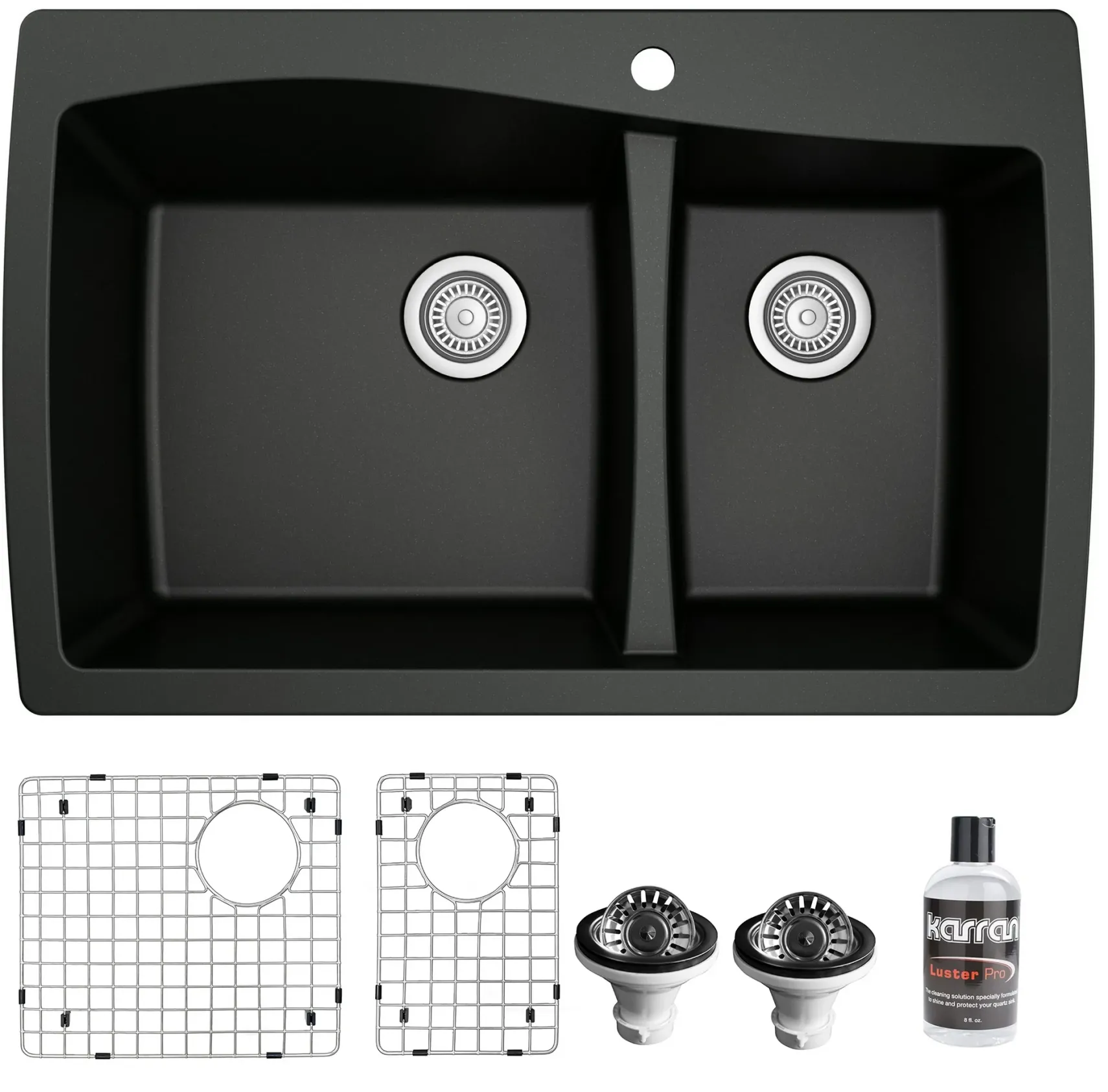 Karran 34" Drop In/Topmount Quartz Composite Kitchen Sink with Accessories, 60/40 Double Bowl, Black, QT-721-BL-PK1