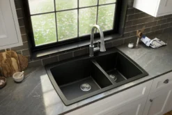 Karran 34" Drop In/Topmount Quartz Composite Kitchen Sink with Accessories, 60/40 Double Bowl, Black, QT-721-BL-PK1