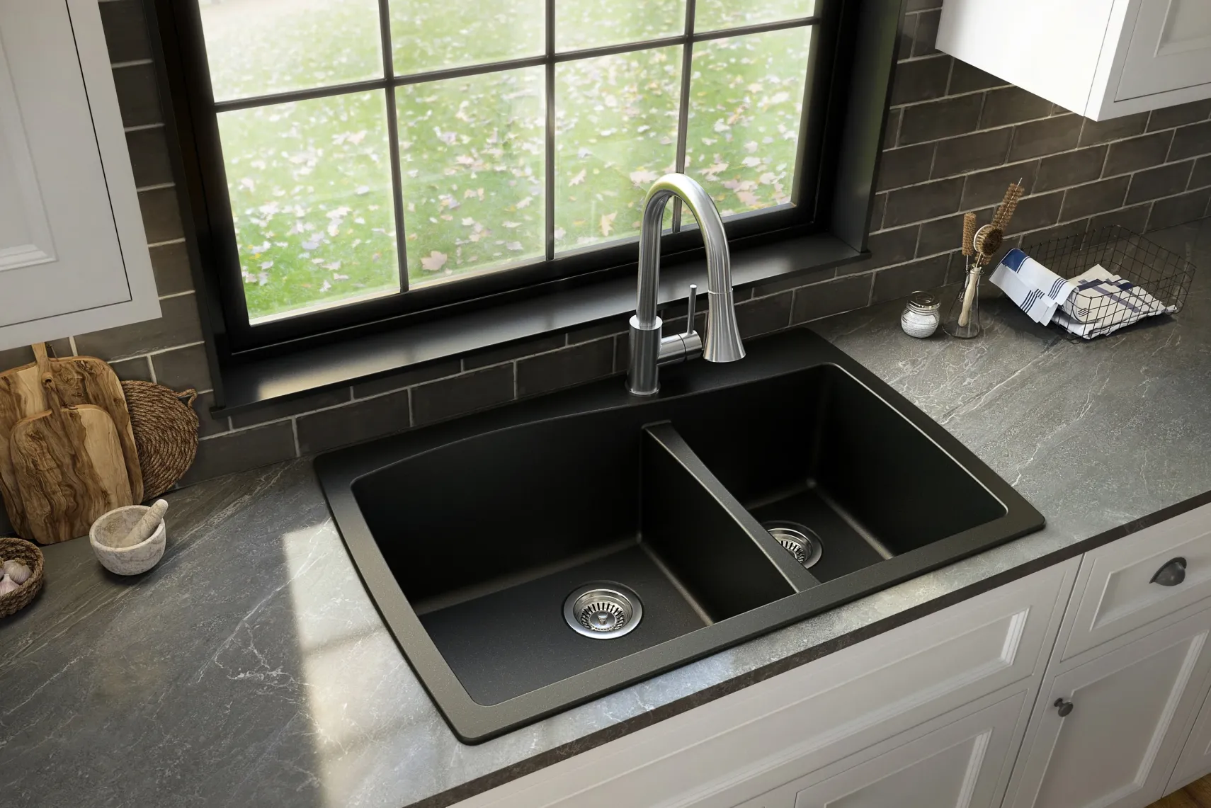 Karran 34" Drop In/Topmount Quartz Composite Kitchen Sink with Accessories, 60/40 Double Bowl, Black, QT-721-BL-PK1