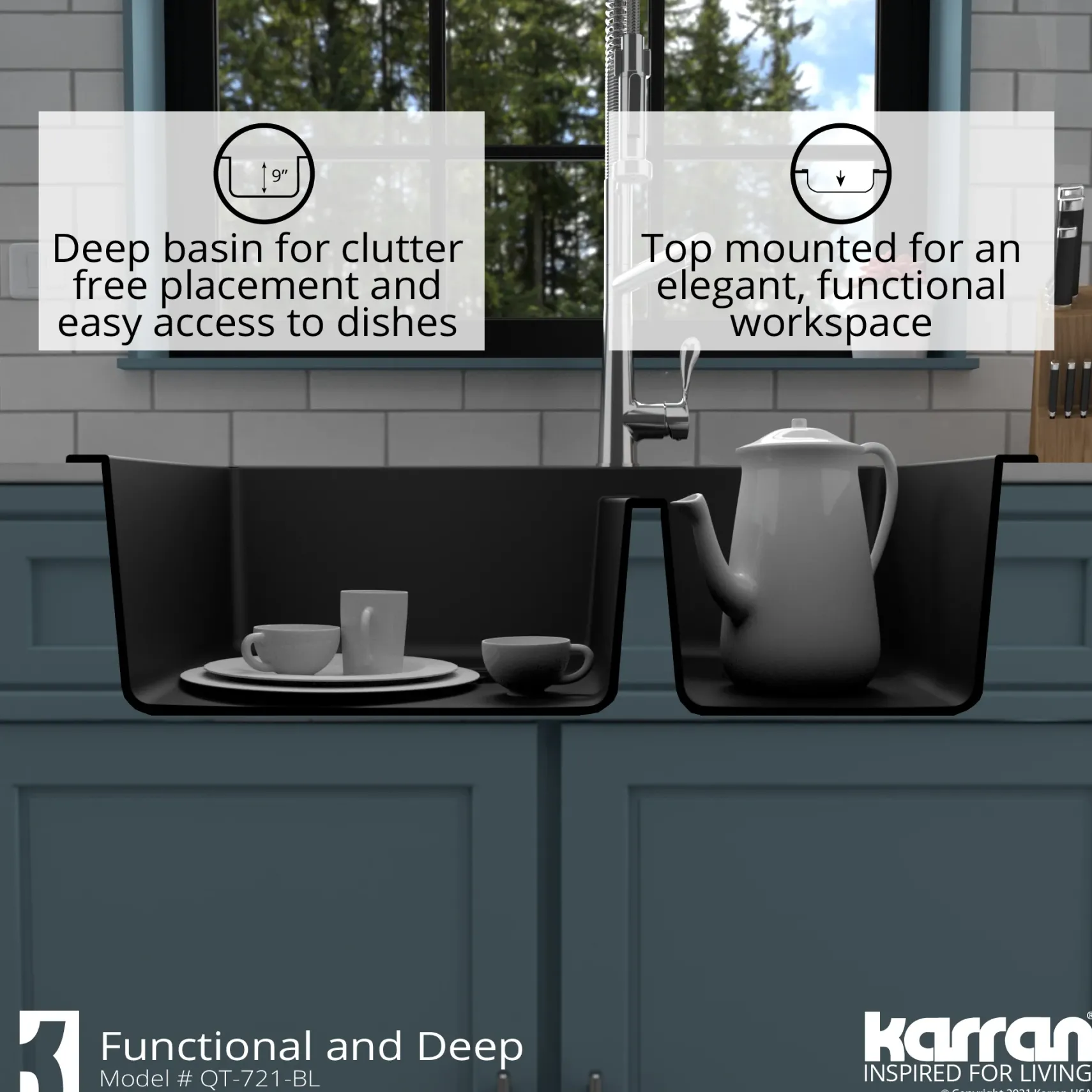 Karran 34" Drop In/Topmount Quartz Composite Kitchen Sink with Accessories, 60/40 Double Bowl, Black, QT-721-BL-PK1