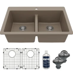 Karran 33" Drop In/Topmount Quartz Composite Kitchen Sink with Accessories, 50/50 Double Bowl, Concrete, QT-810-CN-PK1