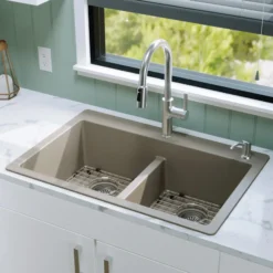 Karran 33" Drop In/Topmount Quartz Composite Kitchen Sink with Accessories, 50/50 Double Bowl, Concrete, QT-810-CN-PK1