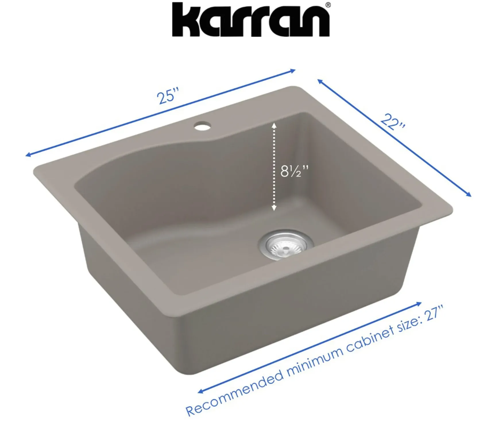 Karran 25" Drop In/Topmount Quartz Composite Kitchen Sink, Concrete, QT-671-CN-PK1