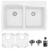 Karran 34" Drop In/Topmount Quartz Composite Kitchen Sink with Accessories, 50/50 Double Bowl, White, QT-720-WH-PK1