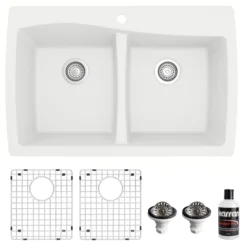 Karran 34" Drop In/Topmount Quartz Composite Kitchen Sink with Accessories, 50/50 Double Bowl, White, QT-720-WH-PK1