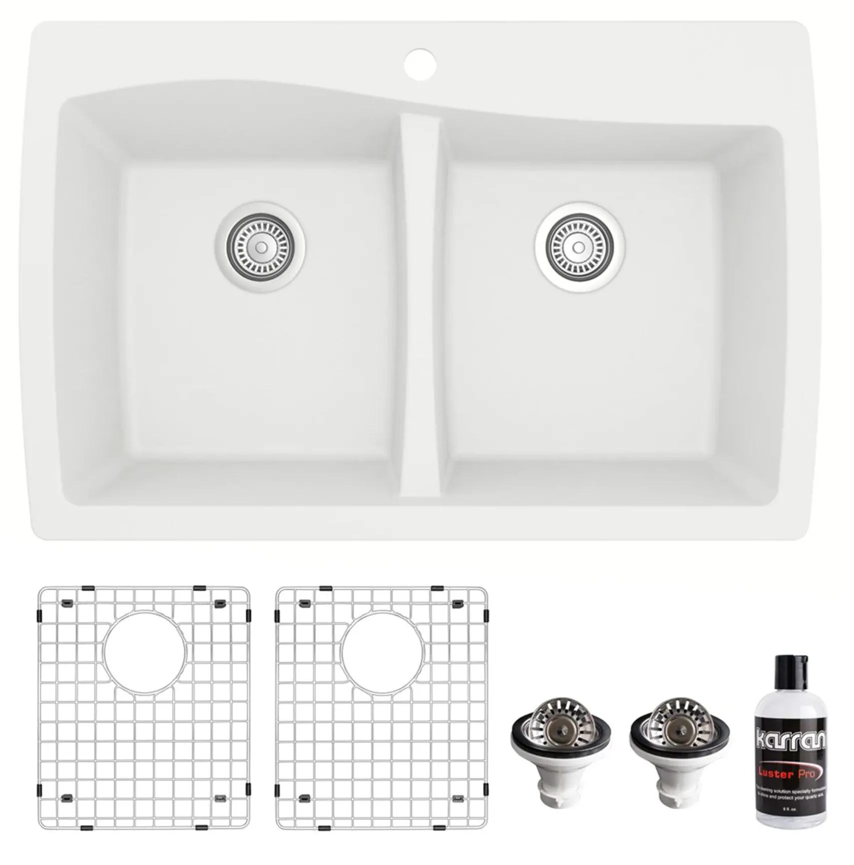 Karran 34" Drop In/Topmount Quartz Composite Kitchen Sink with Accessories, 50/50 Double Bowl, White, QT-720-WH-PK1