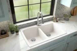 Karran 34" Drop In/Topmount Quartz Composite Kitchen Sink with Accessories, 50/50 Double Bowl, White, QT-720-WH-PK1