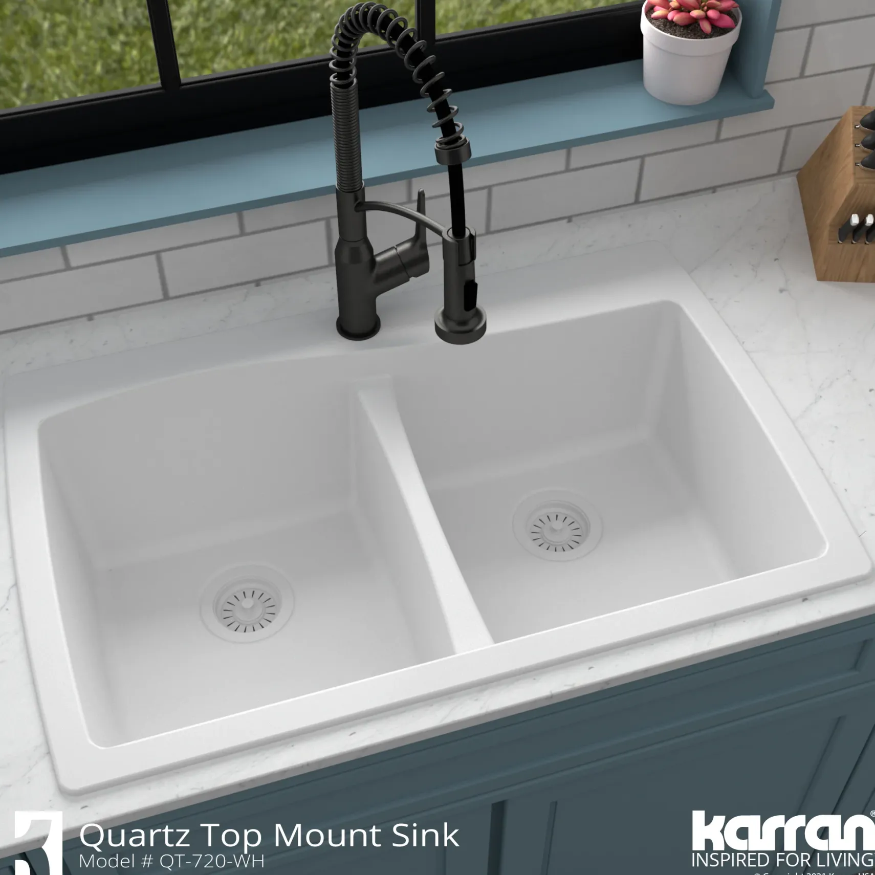 Karran 34" Drop In/Topmount Quartz Composite Kitchen Sink with Accessories, 50/50 Double Bowl, White, QT-720-WH-PK1