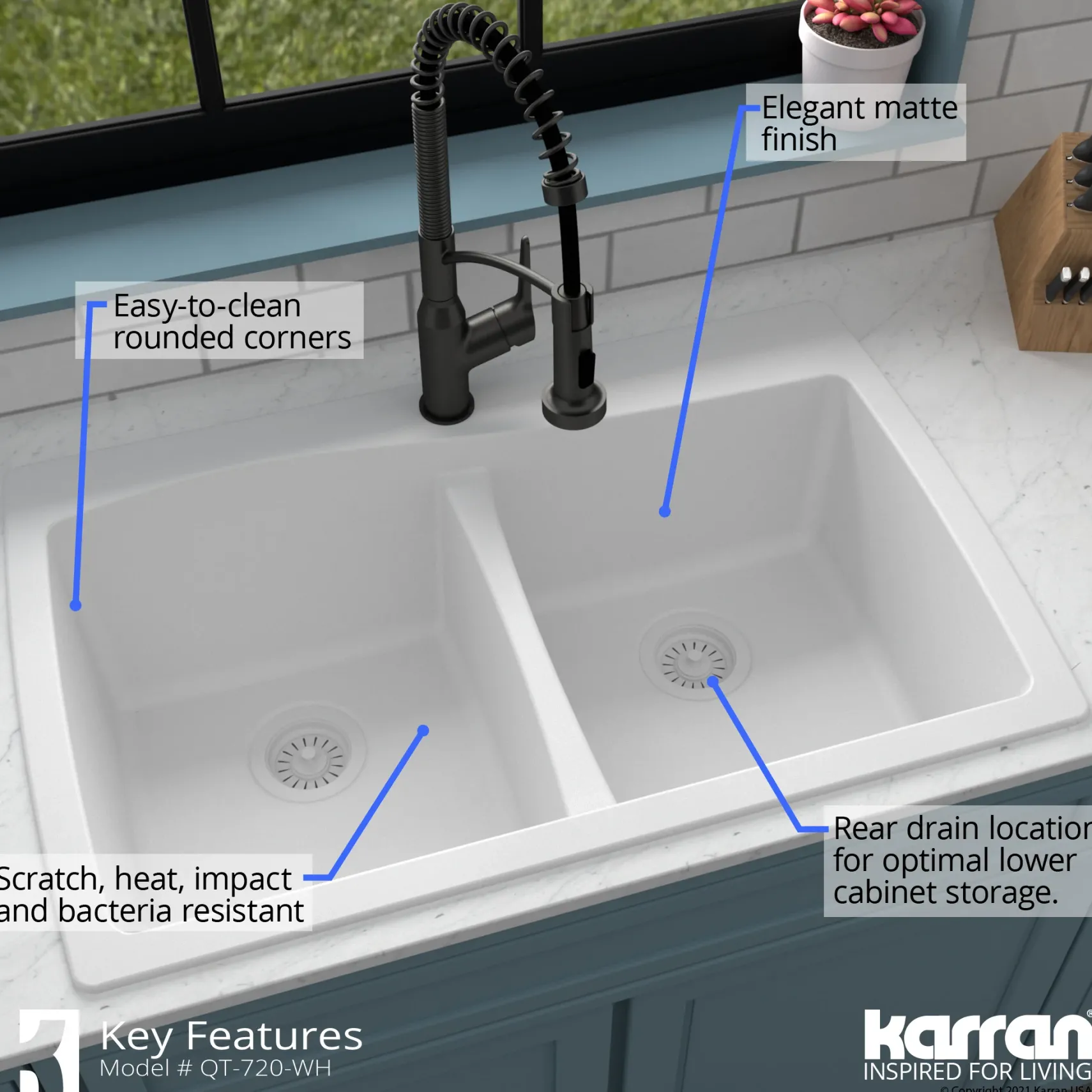 Karran 34" Drop In/Topmount Quartz Composite Kitchen Sink with Accessories, 50/50 Double Bowl, White, QT-720-WH-PK1