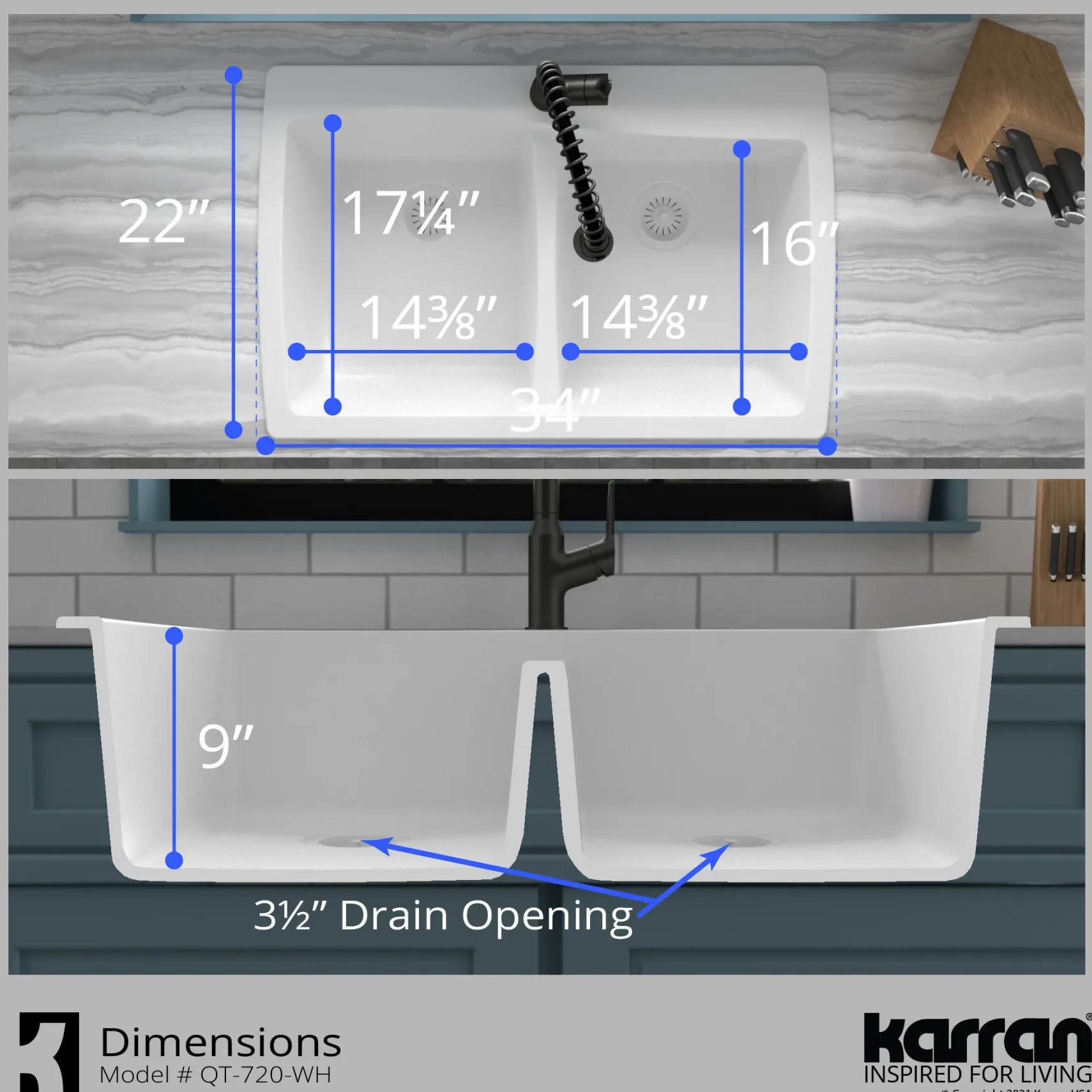 Karran 34" Drop In/Topmount Quartz Composite Kitchen Sink with Accessories, 50/50 Double Bowl, White, QT-720-WH-PK1