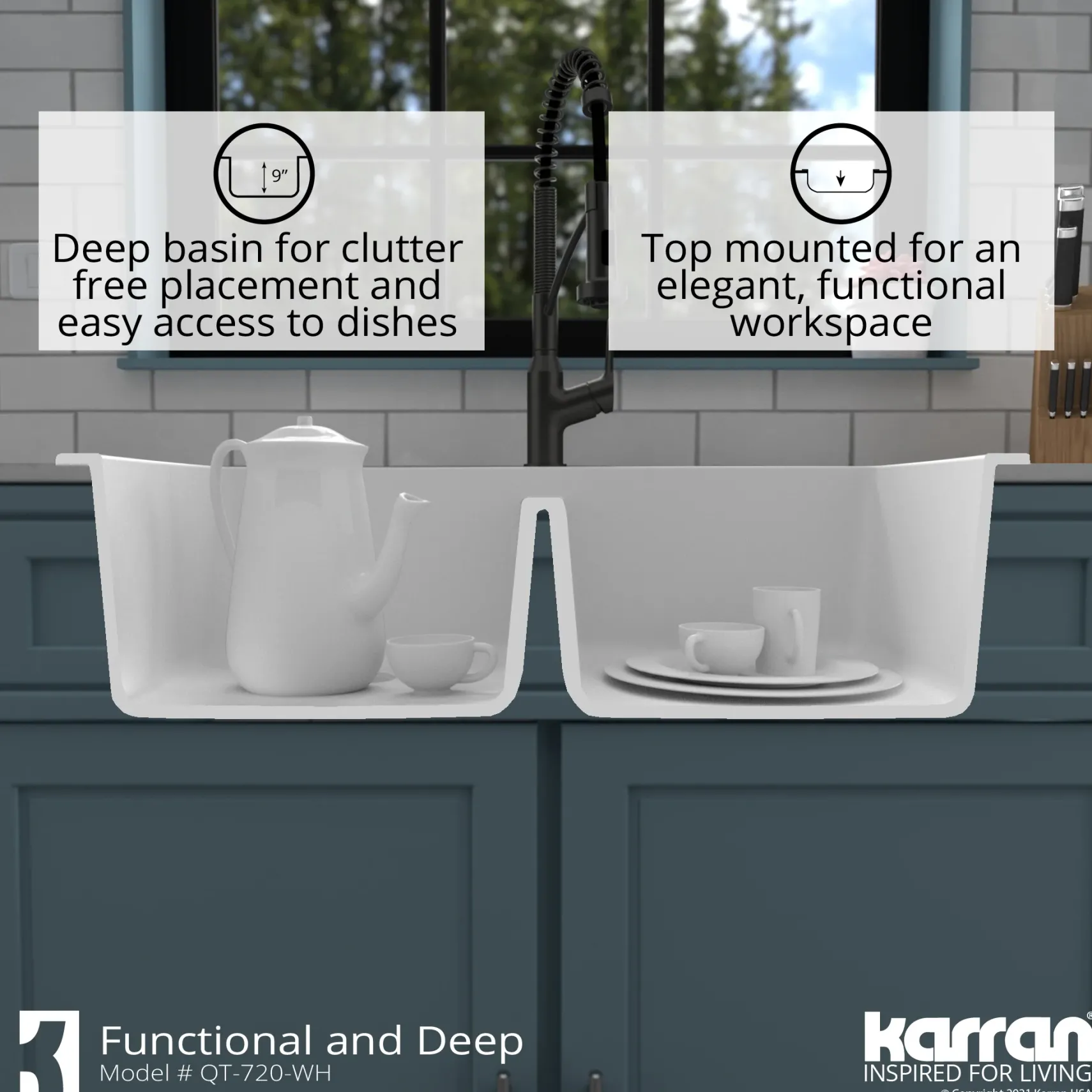 Karran 34" Drop In/Topmount Quartz Composite Kitchen Sink with Accessories, 50/50 Double Bowl, White, QT-720-WH-PK1