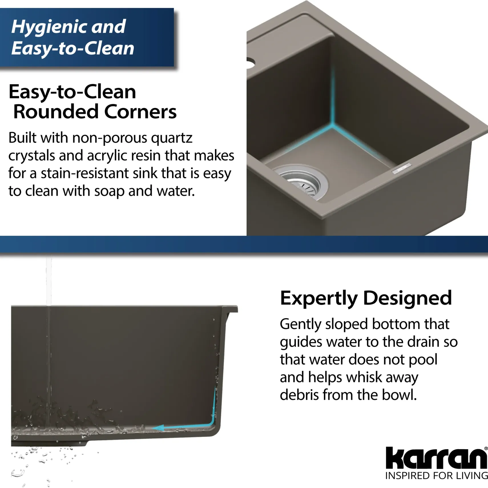 Karran 16" Drop In/Topmount Quartz Composite Kitchen Sink, Concrete, QT-825-CN