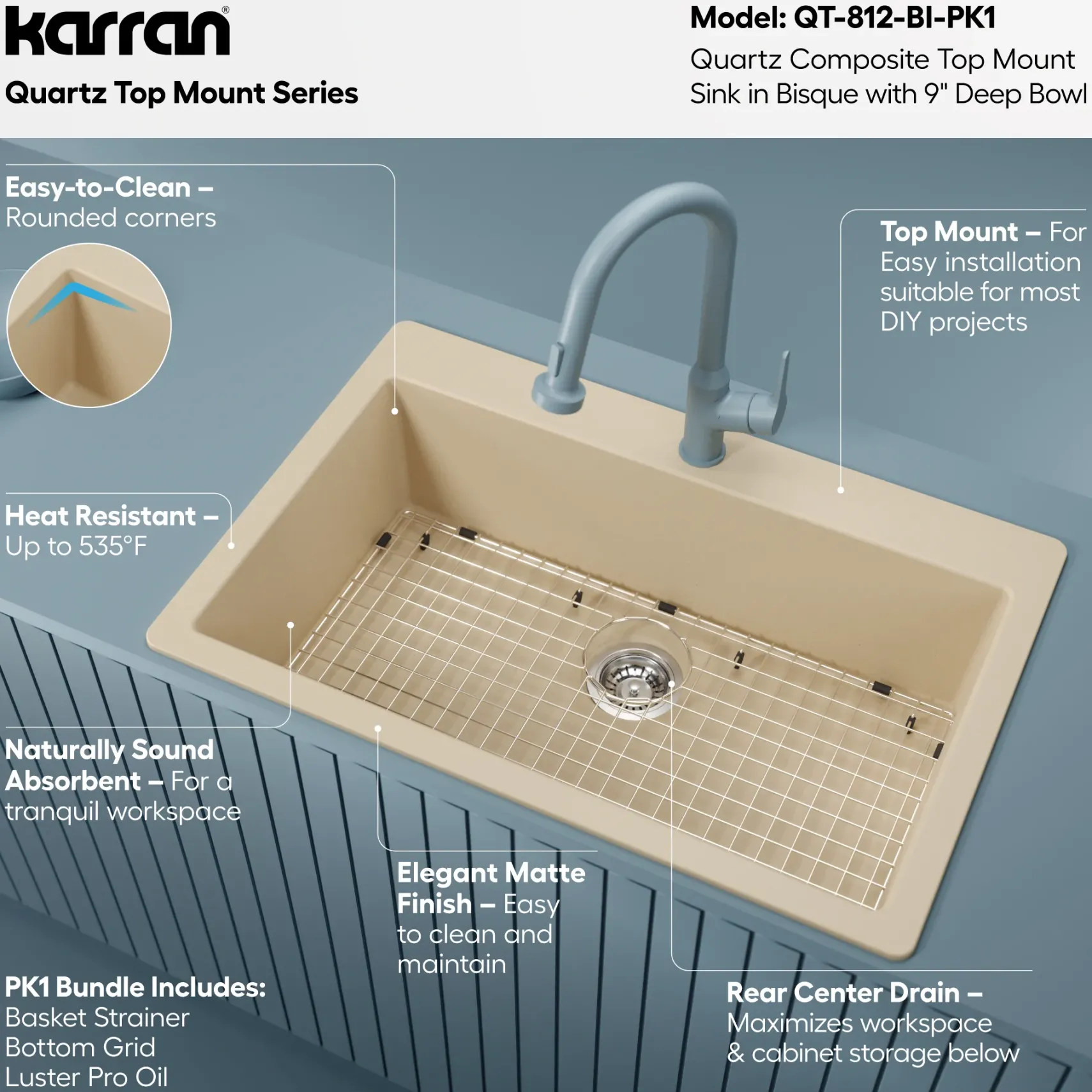 Karran 33" Drop In/Topmount Quartz Composite Kitchen Sink with Accessories, Bisque, QT-812-BI-PK1