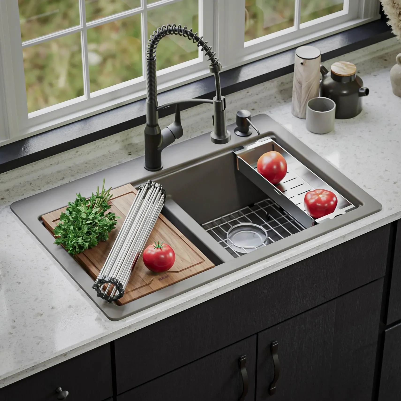 Karran 33" Drop In/Topmount Quartz Composite Kitchen Sink, 50/50 Double Bowl, Concrete, QTWS-880-CN