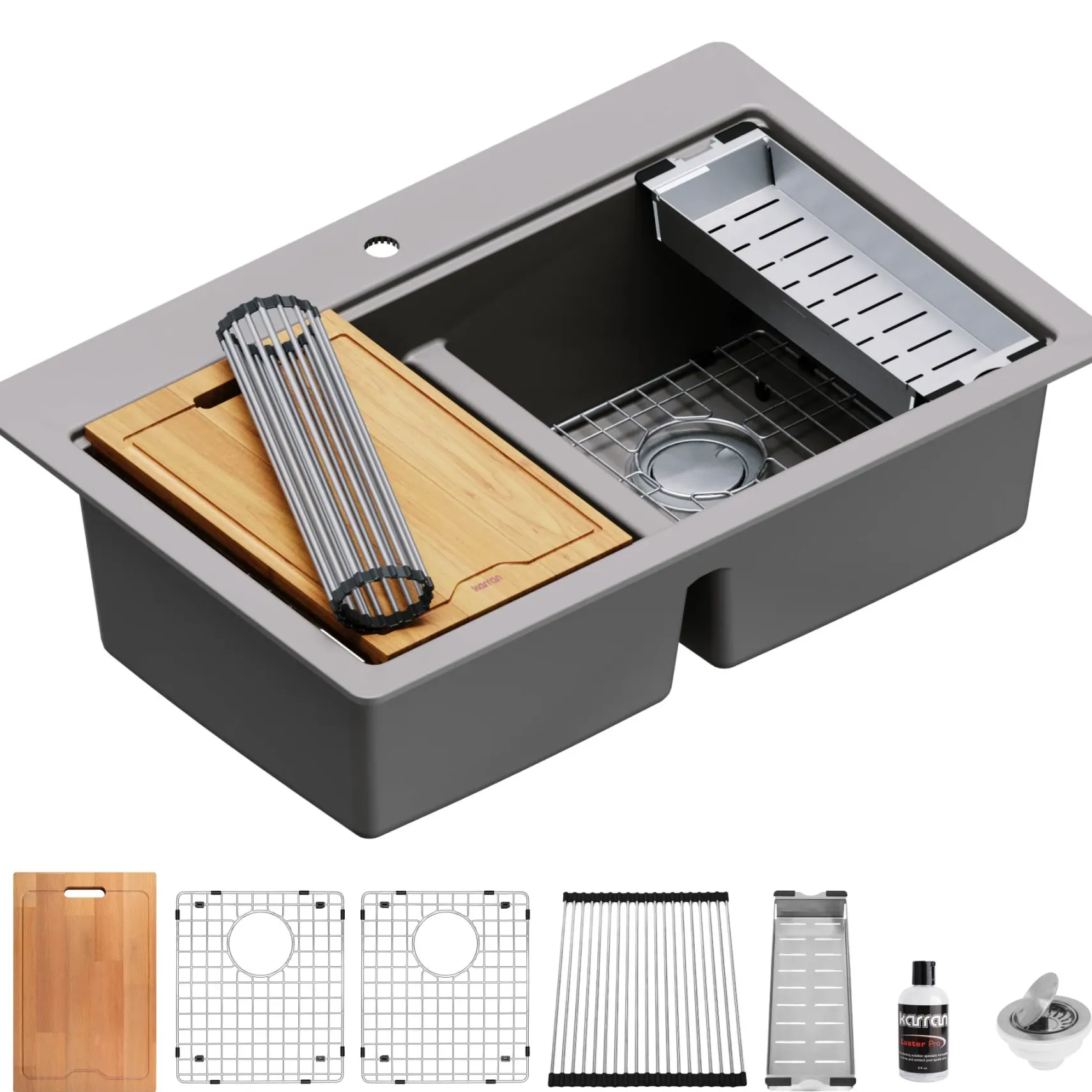 Karran 33" Drop In/Topmount Quartz Composite Kitchen Sink, 50/50 Double Bowl, Concrete, QTWS-880-CN